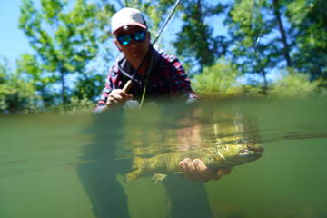 fly fisherman in summer catching brown trout fishing in a mountain river