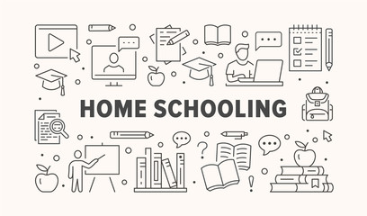Online Education poster with line icons. Vector illustration for banner included icon as student, computer, books, teacher, laptop outline pictogram for home schooling, university trainig