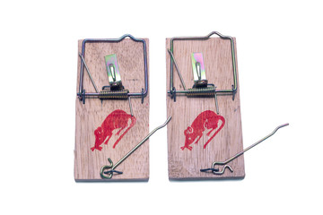 Wooden closeup mouse trap on a white background