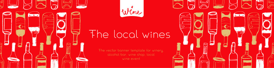 Panoramic banner template of wine tasting concept. Doodle bottles pattern with hand drawn Illustrations for wine shop, restaurant website banner. Local wine event — Organic Wines. Bar background.
