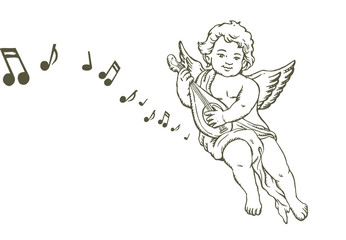 Hand drawn sketch of little angel playing music instrument, with music notes