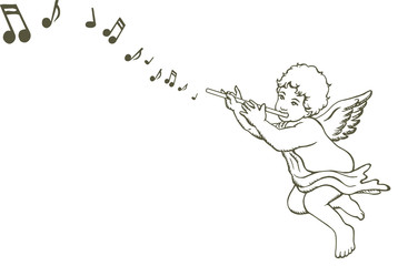 Hand drawn sketch of little angel playing music instrument, with music notes