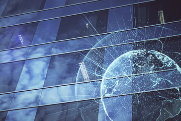 Multi exposure of social network theme drawing and cityscape background. Concept of people connecton.