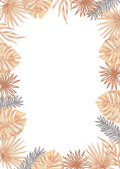 Fototapeta na wymiar Sand Jungle card frame template. Terracotta dusty color pallet tropical plants and geometric abstract elements