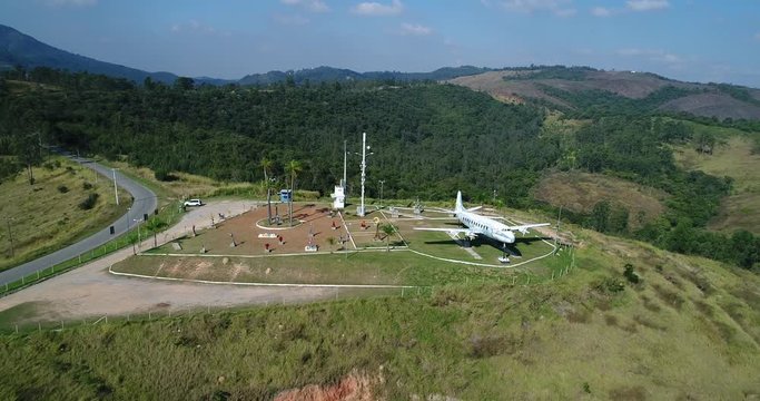 Drone tour around a big old plane located on top of a beautiful mountain with open air museum of aviation, cinema, magic, in 4K resolution Vickers Viscount Rolls Royce