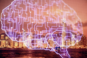 Brain hologram drawing on city scape background Double exposure. Brainstorming concept.