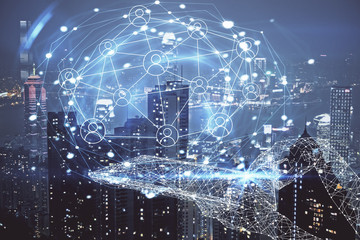 Multi exposure of social network theme drawing and cityscape background. Concept of people connecton.