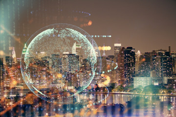 Map and data theme hologram on city view with skyscrapers background double exposure. International technology in business concept.