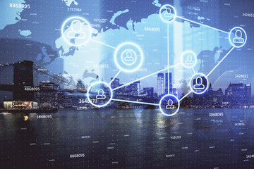 Multi exposure of social network theme drawing and cityscape background. Concept of people connecton.
