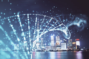 Double exposure of DNA drawing and cityscape background. Concept of education.