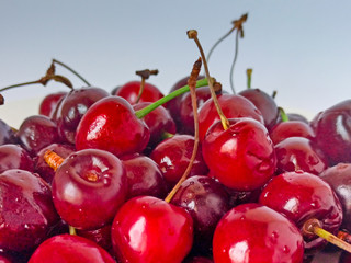  Fresh cherries background. Ripe red berries close-up. Selective focus