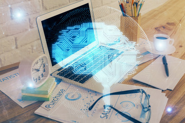 Double exposure of desktop computer and human brain drawing hologram. Ai concept.