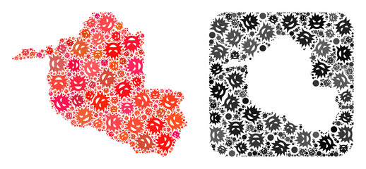 Evil virus map of Rondonia State mosaic created with rounded square and hole. Vector map of Rondonia State mosaic of infection virus items in various sizes and color tinges.