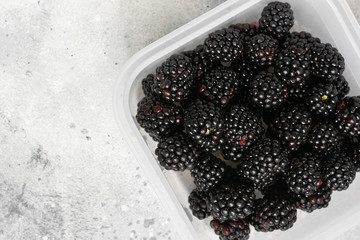 Dewberry. Blackberries in a container on a light background. Fresh Blackberries in a bowl. Top view with space for text	