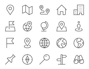 Location line icon. Minimal vector illustration with simple thin outline icons as map, pin, travel, gps, marker, globe, earth, destination and other business pictogram. Editable Stroke - obrazy, fototapety, plakaty