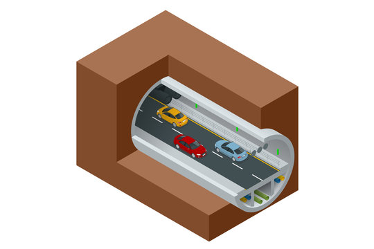 Fototapeta Isometric underground tunnel for vehicular road traffic. Car tunnel under the mountain, Road tunnel.