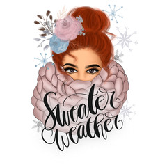 Sweater Weather Red Hair Girl In Scarf Background Hand Drawn Illustration	
