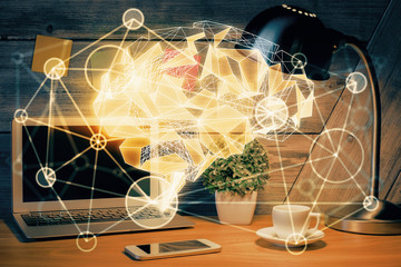 Double exposure of desktop computer and human brain drawing hologram. Ai concept.