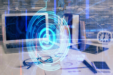 Multi exposure of desktop with computer on background and tech theme drawing. Concept of big data.