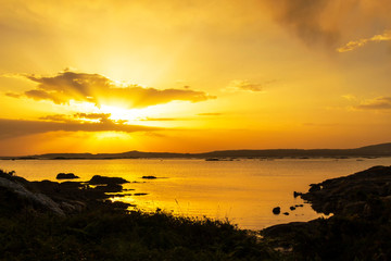 Fototapeta na wymiar Sun rays at sunset on the coastline