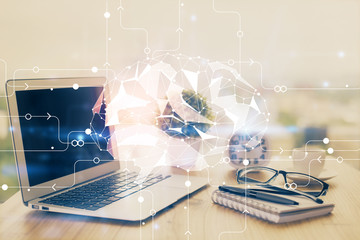 Double exposure of desktop computer and human brain drawing hologram. Ai concept.