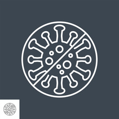 Anti Coronavirus related vector thin line icon. Virus COVID-19 in prohibition sign. Isolated on black background. Editable stroke. Vector illustration.