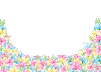 Beautiful floral background made of pink, yellow and blue flowers. Watercolor illustrations for design of cards, websites, banners.