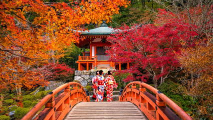 Jonge vrouwen die traditionele Japanse Yukata dragen in de Daigo-ji-tempel