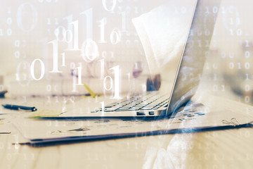 Double exposure of desktop with personal computer on background and tech theme drawing. Concept of data analysis.