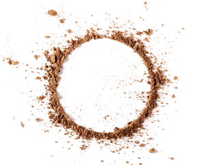 Cocoa powder pile, round circular frame and border isolated on white background, top view