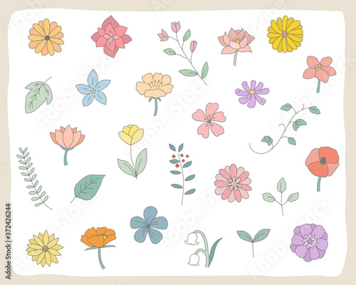 手書きの花や葉のイラストのセット 植物 おしゃれ かわいい 素材 自然 Canvas Print Yugoro