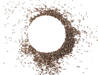 Chia seeds pile, round frame and border isolated on white background, top view