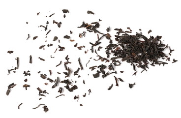 Dry black tea leaves isolated on white background and texture, top view