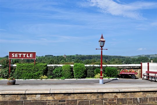 Settle railway station platform, Settle, North Yorkshire, England.