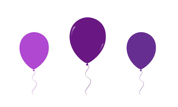 Vector of group of three shades of purple balloons on strings isolated against a white background. Illustration is great for birthdays, celebrations, anniversaries, cards and decorations.