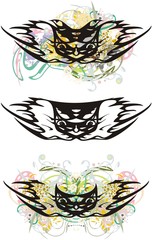 Abstract cat head - three options. Grunge cat's heads with wing elements and colored floral decorative splashes on a white background for prints, textiles, emblems, wallpaper, posters, etc.