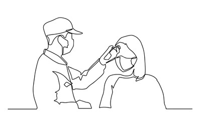 Medical staff check body temperature at woman. Continuous one line drawing. Vector Illustration Covid-19 symbol. Visitors must go through fever measures using infrared digital. continuous line drawing
