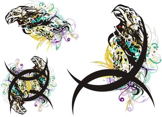 Grunge eagle symbols with floral elements. Colorful patterned eagle head with floral decorative splashes on a white backdrop for wallpaper, textiles, prints on t-shirts, etc. Three options