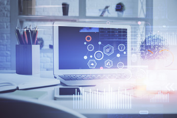 Fototapeta premium Multi exposure of desktop computer and technology theme hologram. Concept of software development.