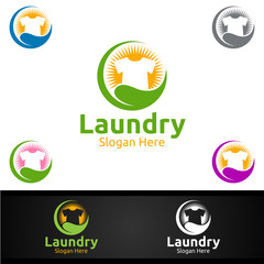 Fototapeta na wymiar Eco Laundry Dry Cleaners Logo with Clothes, Water and Washing Concept