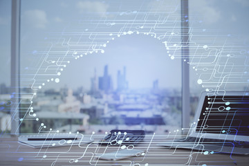 Double exposure of desktop computer and technology theme hologram. Concept of software development.