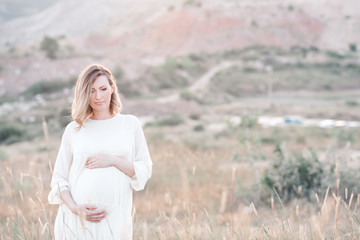 Fototapeta na wymiar Pregnant woman wearing dress posing outdoors over nature background. Motherhood. Maternity. Healthy lifestyle. Happiness.