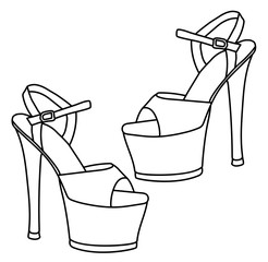 Fototapeta premium Womens seductive high-heeled and platform shoes. For strip dances. Black outline drawing on a white background. Vector