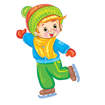 little boy skating in winter, illustration for a postcard, isolated object on a white background, vector illustration,