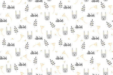 Vector seamless repeating childish pattern with cute bunnies and berries in Scandinavian style on a white background. Design for a nursery, printing postcards, on fabric, clothes, bed linen.