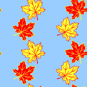 Seamless pattern of orange contoured silhouette maple leaves isolated on blue background. Simple vector texture for fabric, invitations, home textiles. Concept of autumn, forest, leaf fall