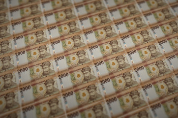2000 Hungarian forint bills printed in illegal money production conveyor. Collage of many fake...