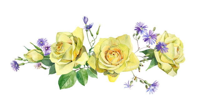 Watercolor yellow roses and wild blue flowers on white background