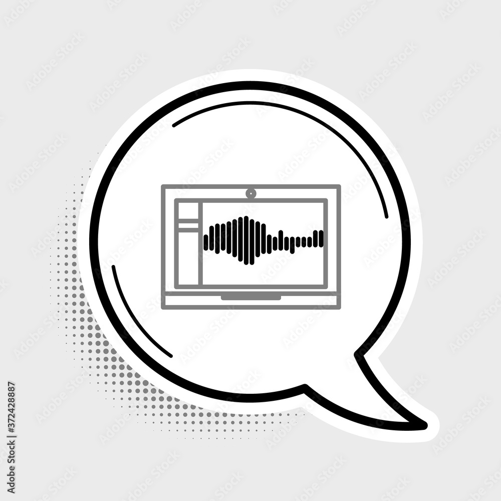 Poster line sound or audio recorder or editor software on laptop icon isolated on grey background. colorful