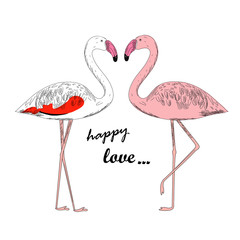 Two beautiful flamingos in love and text" happy love". A couple in love symbolizing the heart. vector illustration.